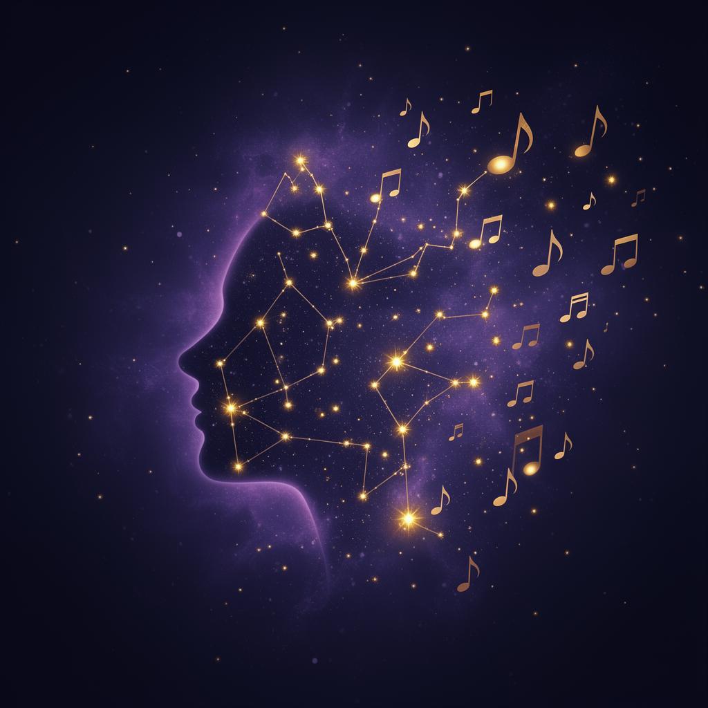 Representação cósmica de um compositor cercado por constelações e notas musicais